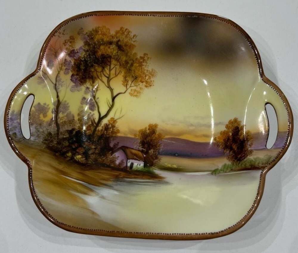 Noritake Hand Painted Landscape Cottage Porcelain Handled Dish 6.5"